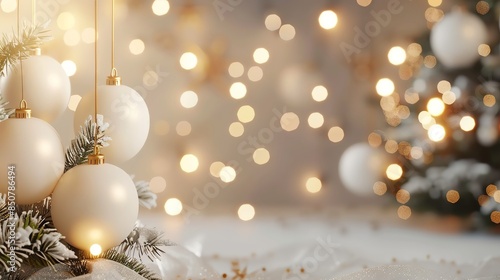 White Christmas ornaments hanging on a snowy branch with bokeh lights