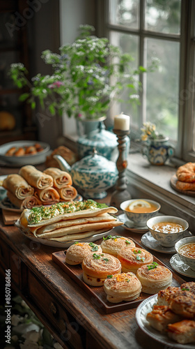 Tea party table set with a simple teapot, cups, and plates of sandwiches, spring rolls, lemon cake, chaat, and gol gappe.