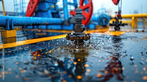 Closeup of an oil pump in operation, refining process visible, machinery and pipelines