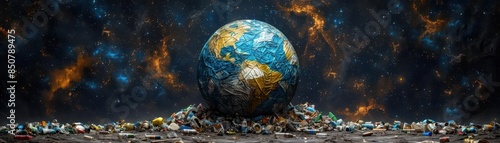 Illustration of planet earth globe made from trash Save green planet concept