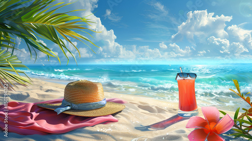 paisaje de un dia caluroso al aire libre en el mar relajado en la arena disfrutando una bebida con palmeras y elementos de playa viajando de vacaciones de verano