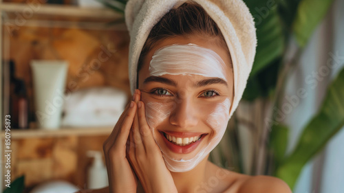 Smiling Woman Enjoying Skincare Routine with Facial Cream, Emphasizing Natural Beauty and Self-Care for Radiant, Healthy Skin. Embrace Relaxation and Wellness with Effective Skincare Treatments.