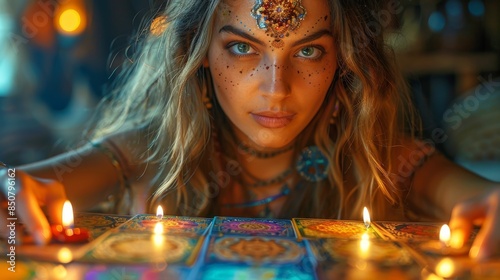 Intense woman with a boho mystical look, reading tarot cards by candlelight, focused and serious