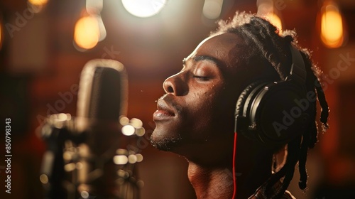 A dynamic scene of a vocalist performing in a modern recording studio. The singer is mid-song, eyes closed, and fully immersed in the music. The studio features advanced recording technology and