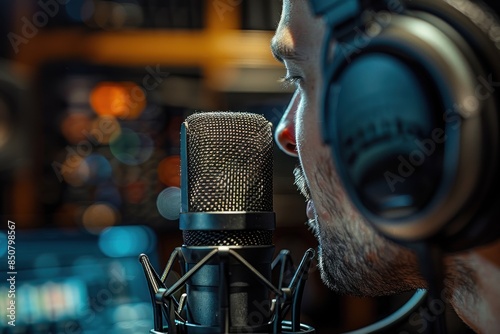 Close-up of a singer wearing headphones, singing into a condenser microphone. The image captures the intensity of the recording session, highlighting the singer's vocal prowess and the technical