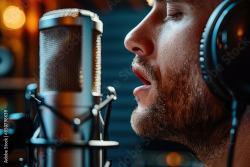 Close-up of a singer wearing headphones, singing into a condenser microphone. The image captures the intensity of the recording session, highlighting the singer's vocal prowess and the technical
