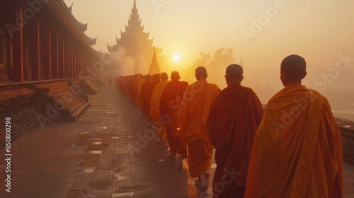 A line of monks walk towards the sunrise at a Buddhist temple. The scene is bathed in warm, golden light.