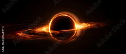 Black hole, intense dark singularity with faint light bending around its event horizon, minimalist black background emphasizing its gravitational power