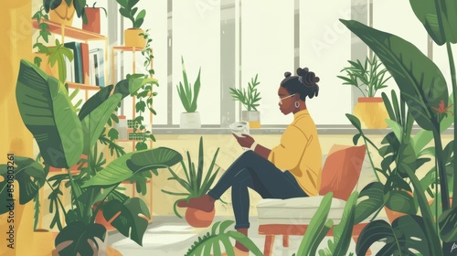 Indoor Plant Care: Illustrate an individual from a PNW tribal nation caring for indoor plants in their bright, urban apartment, emphasizing a peaceful and nurturing activity.