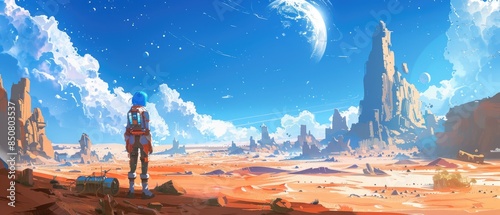 A lone astronaut in a spacesuit exploring a vibrant, colorful alien desert landscape with towering rock formations and a planet in the sky.