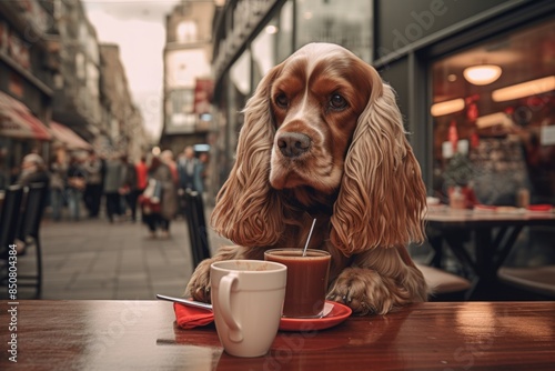 Portrait of a cute cocker spaniel isolated on bustling city cafe