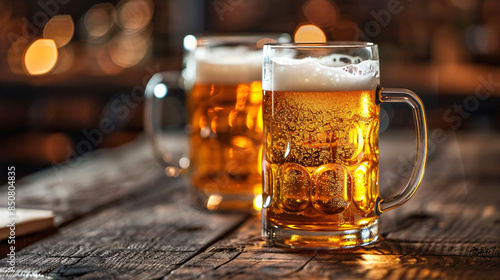Glass mugs of cold tasty beer on table