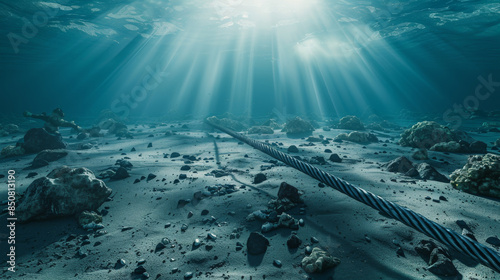 The ocean floor with an underwater cable stretching out, illuminated by ethereal rays of sunlight filtering through the water, creating a tranquil and mysterious scene.