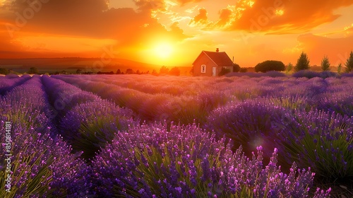 A dreamy sunset over a lavender field with a quaint cottage in the background.