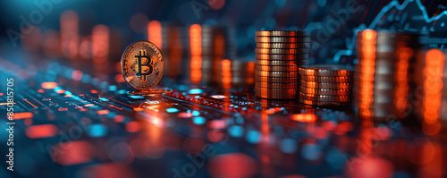 Close-up of cryptocurrency bitcoin with stacks of coins on a digital background representing blockchain technology and virtual currency economy.