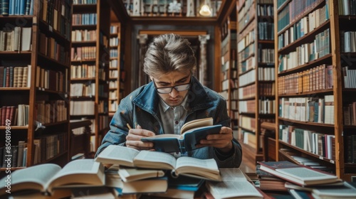 A man in glasses reading a book surrounded by books, AI