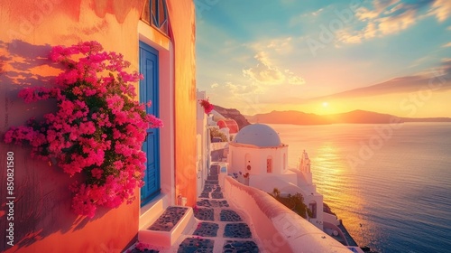 Great evening view of Santorini island. Picturesque spring sunset on the famous Greek resort Fira, Greece, Europe. Traveling concept background.