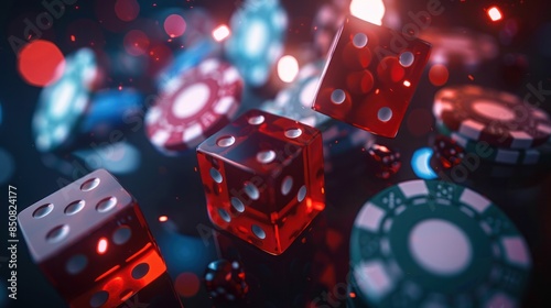Gaming dice, cards, casino chips on a dark background. The concept of gambling, casino, winnings, Vegas games background.