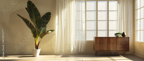 A minimalist room with sunlight filtering through sheer curtains, a large potted plant, and a wooden sideboard, exuding calm and simplicity.