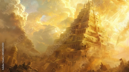 ancient tower of babel reaching towards the heavens biblical illustration from genesis