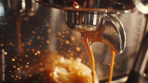 aromatic coffee brewing closeup rich crema flowing from espresso machine food photography