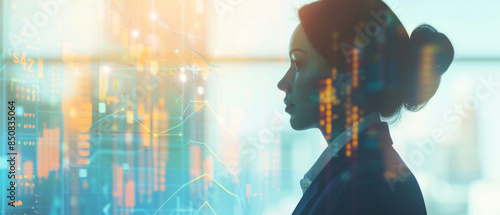 A businesswoman's silhouette contemplating digital graphs, representing futuristic technology and data analysis in a modern workspace.