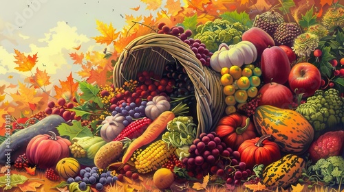 bountiful cornucopia overflowing with colorful seasonal fruits and vegetables harvest abundance digital illustration