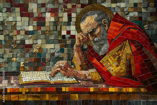 A mosaic artwork depicting Saint Augustine of Hippo, created using small pieces of colored glass, stone, or other materials arranged
