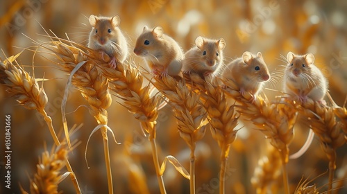 A whimsical quintet of field mice perch delicately on golden wheat stalks, basking in the warm glow of a setting sun