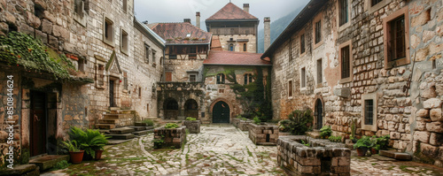 A medieval castle courtyard with stone walls and cobblestone paths.