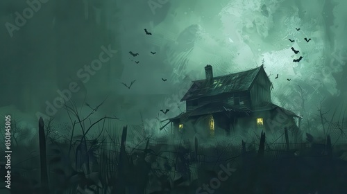 creepy abandoned haunted house with bats flying around eerie atmosphere digital painting