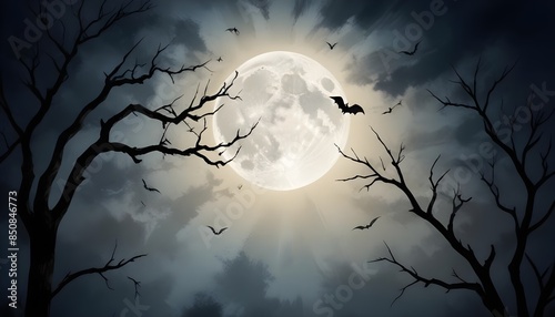 A full moon in a cloudy night sky, with silhouettes of bare tree branches and bats flying around