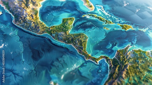 detailed physical map of central america and caribbean 3d illustration