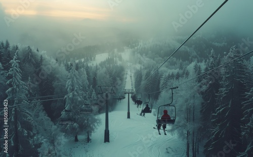 Winter Mountaintop Gondola Ride Through Snowy Forest