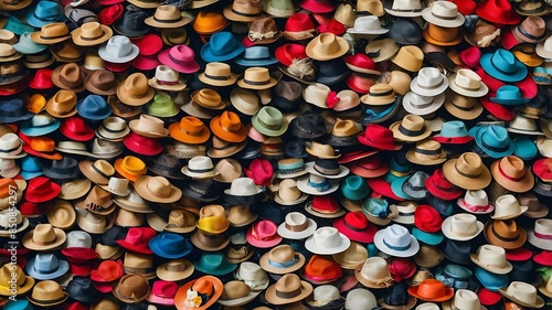 Hats for sale in the market featuring various styles like fedora, cowboy, and bowler, in black, white, and brown colors