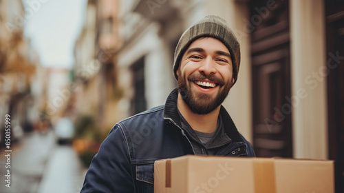Smiling delivery man carrying a package. Concept of reliable delivery service.