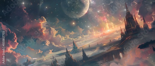 A breathtaking celestial cityscape with surreal architecture and vibrant colors, under a starry moonlit sky. Perfect for fantasy art enthusiasts.