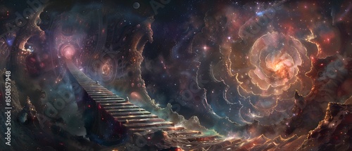 Abstract digital artwork featuring a surreal cosmic landscape with a mystical staircase leading into a fantastical space scene.