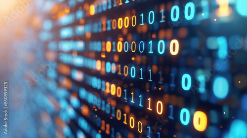 A close-up of binary code overlaying a blurred background, symbolizing data processing and digital information flow