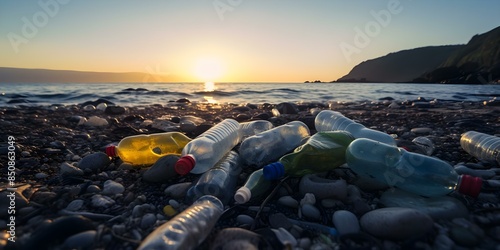 Plastic bottles littering a rocky beach contributing to environmental pollution. Concept Environmental Pollution, Plastic Waste, Rocky Beach, Littering, Conservation