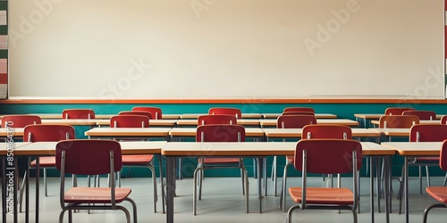 Empty classroom with desks chairs whiteboard and no students or teacher. Concept Quiet Classroom Setting, Educational Environment, Classroom Interior Design