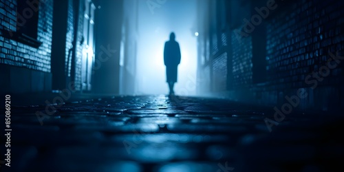 Mysterious Figure in Dark Foggy Urban Alley at Night A Thrilling Scene. Concept Night Photography, Urban Exploration, Mysterious Shadows, Eerie Atmosphere, Dramatic Lighting