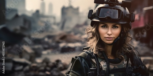 Female military correspondent reporting news in helmet and vest with destroyed buildings. Concept War Correspondent, Women in Military, News Reporting, Destroyed Buildings, Protective Gear