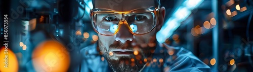 Close-up of a man wearing safety glasses in a blue and orange bokeh background.
