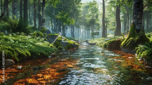 Gentle Stream Winds Through a Vibrant Forest. Sparkling Waters Reflect the Greenery.