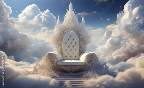 A white throne in the middle of white clouds. A throne in the sky. 