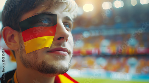 young man with the German flag painted on his face, standing in a stadium. Embodying the spirit and excitement of being a fan during a sports event