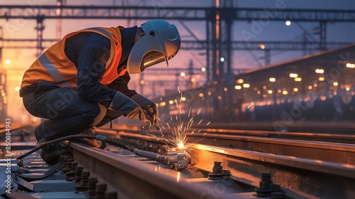 Safety engineer supervising the welding process on railway tracks, ensuring adherence to safety protocols, detailed realism