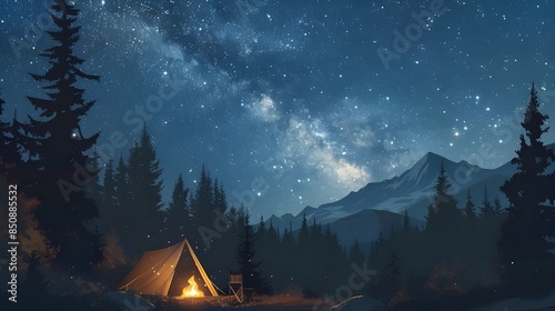 Evening summer camping starry night scene in pine forest and mountains 