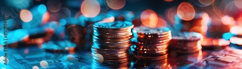 Stacks of coins with a blue and orange glowing background.